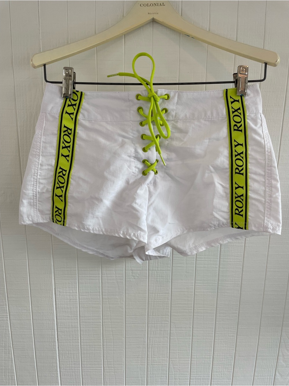 Y2K Roxy White Board Shorts with Neon Yellow Lace-Up Detail